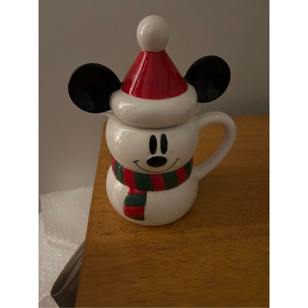 DISNEY Mickey Mouse Snowman Mug With Santa Hat Topper Winter Holiday Christmas
